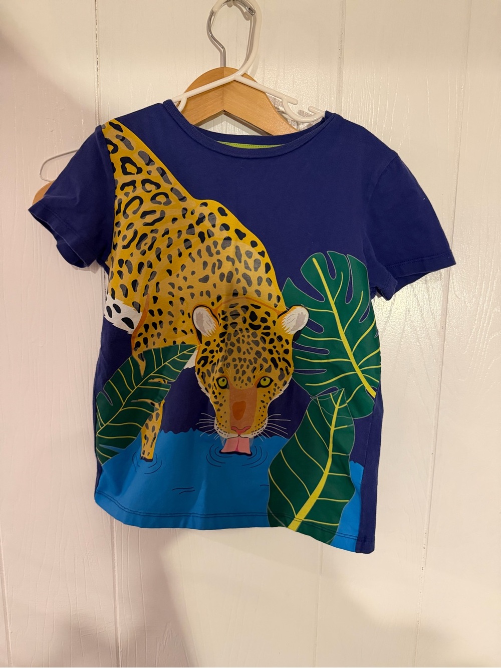 Mini Boden Navy Blue Tee with Yellow Leopard and Green Leaves